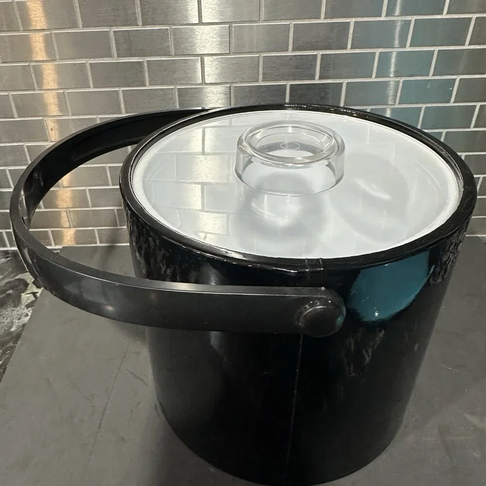 Vtg Mid Century MCM Ice Bucket Black Vinyl Clear Lucite Lid Barware Shelton Ware